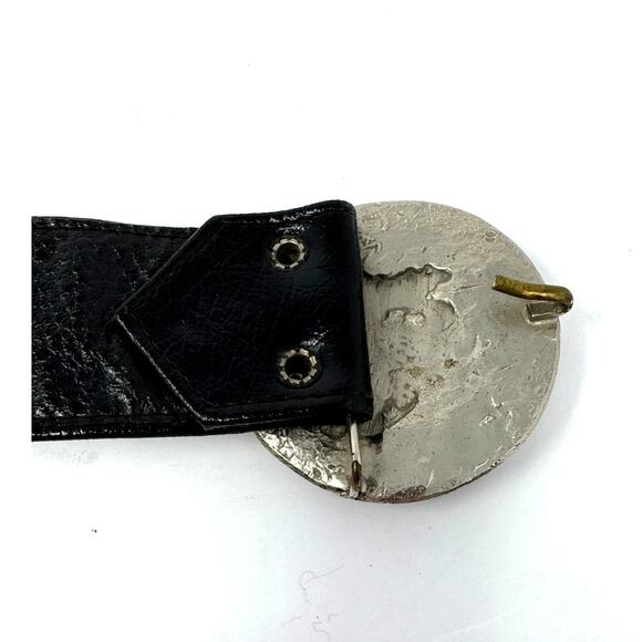 Double Concho Buckle Black Faux Leather Statement Belt 34 Inches - Picture 4 of 5